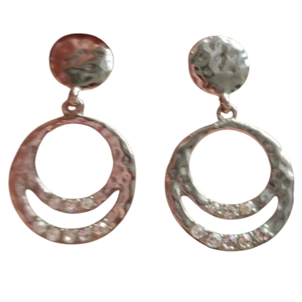 Silvertone Hammered Hoop Earrings Crystal Embellishments
